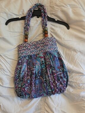 Boho Paisley Braided-Handle Shoulder Bag in Purple and Teal